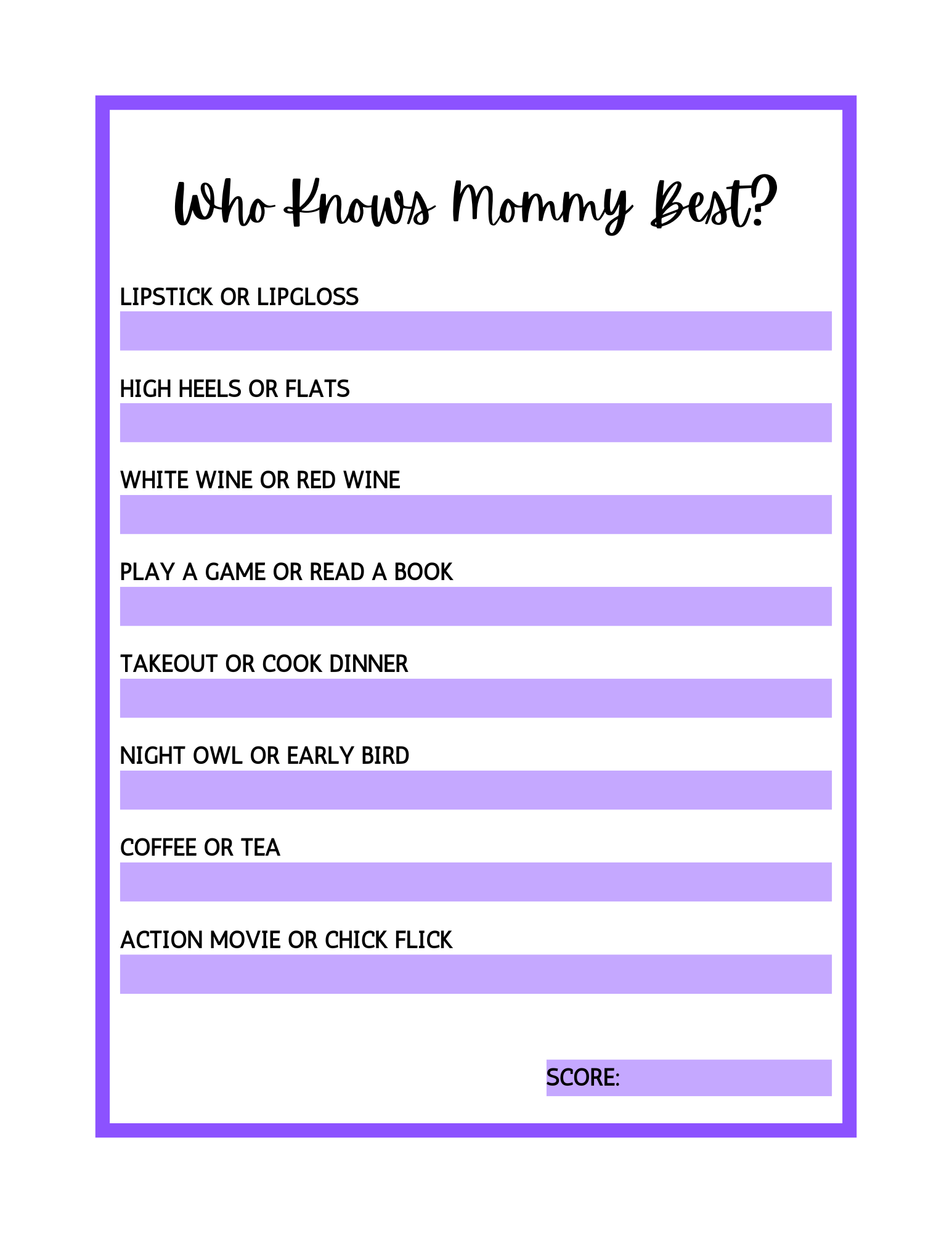 Purple, Instant Download, Who Know Mommy Best PDF, Fun, Cute, Game