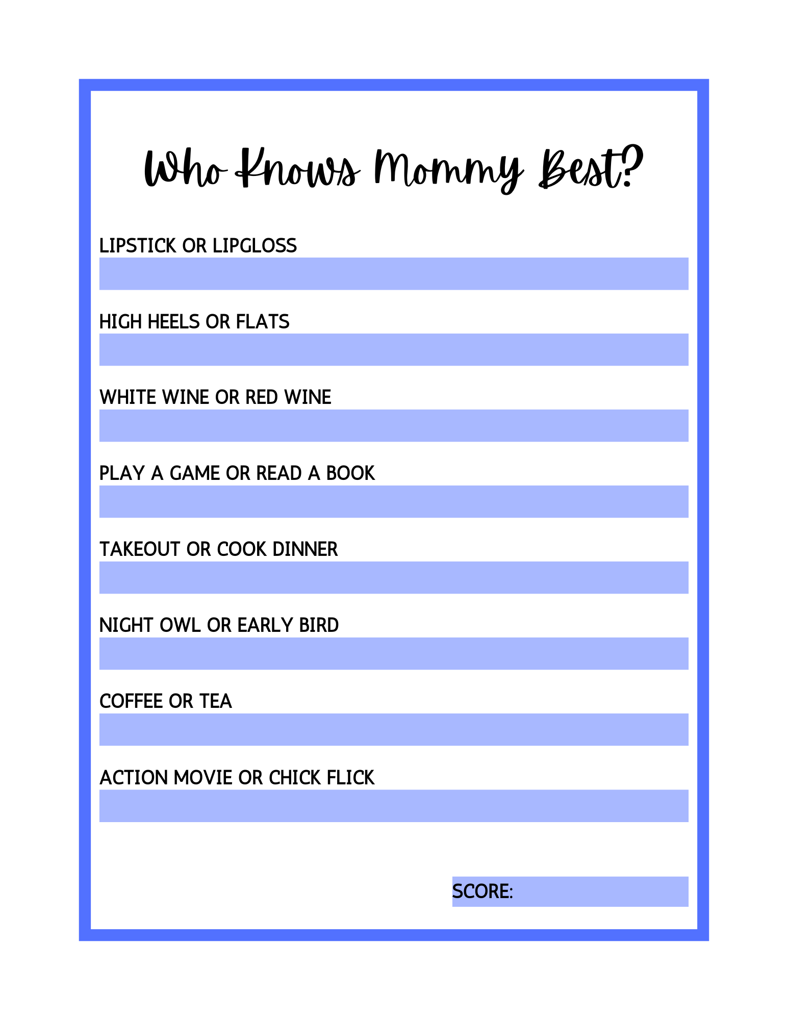 Baby Shower Game, Instant Download, Who Knows Best, PDF, Royal Blue