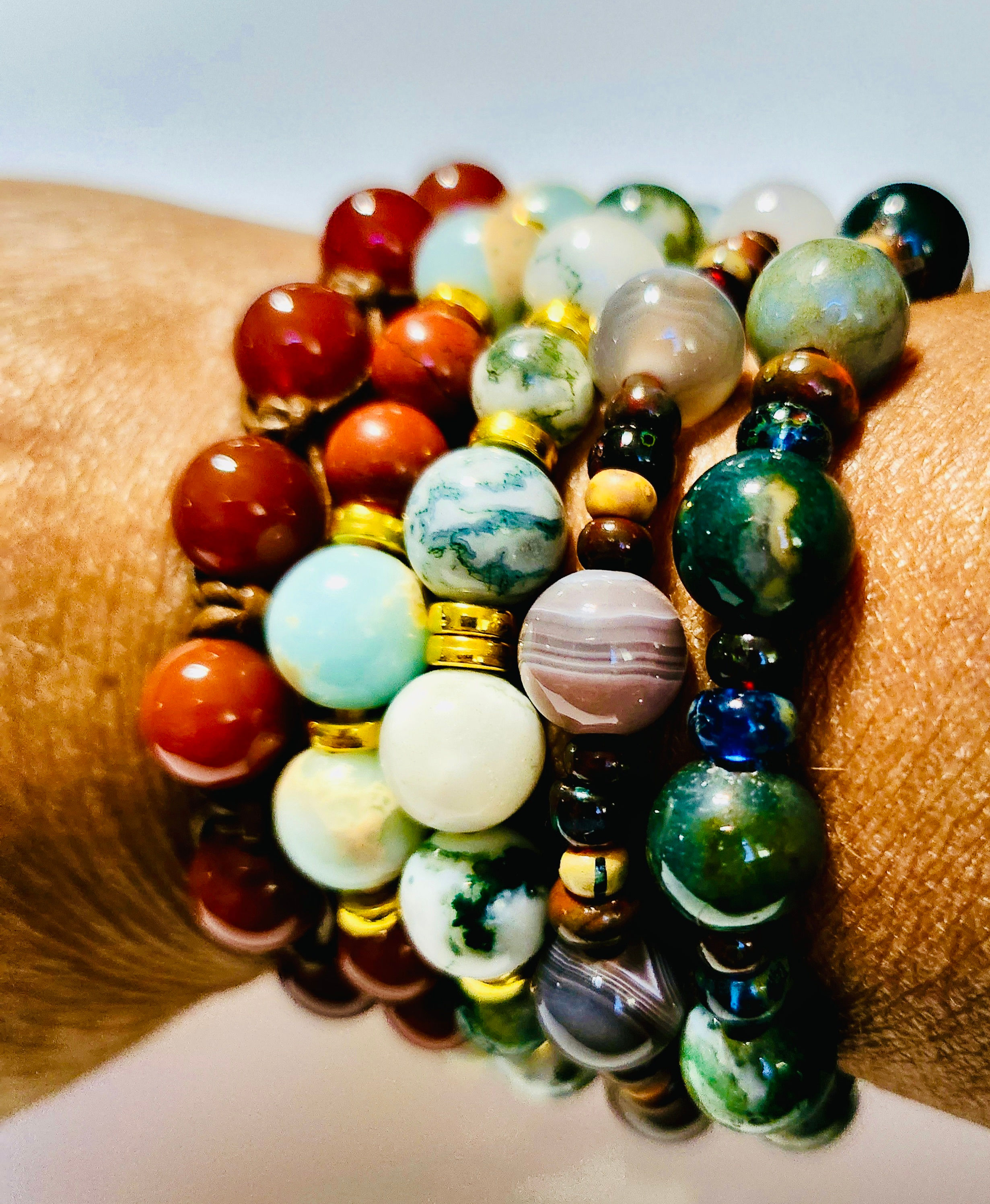 Gemstone Bracelets: Carnelian w/Leather And Jasper w/Goldstone