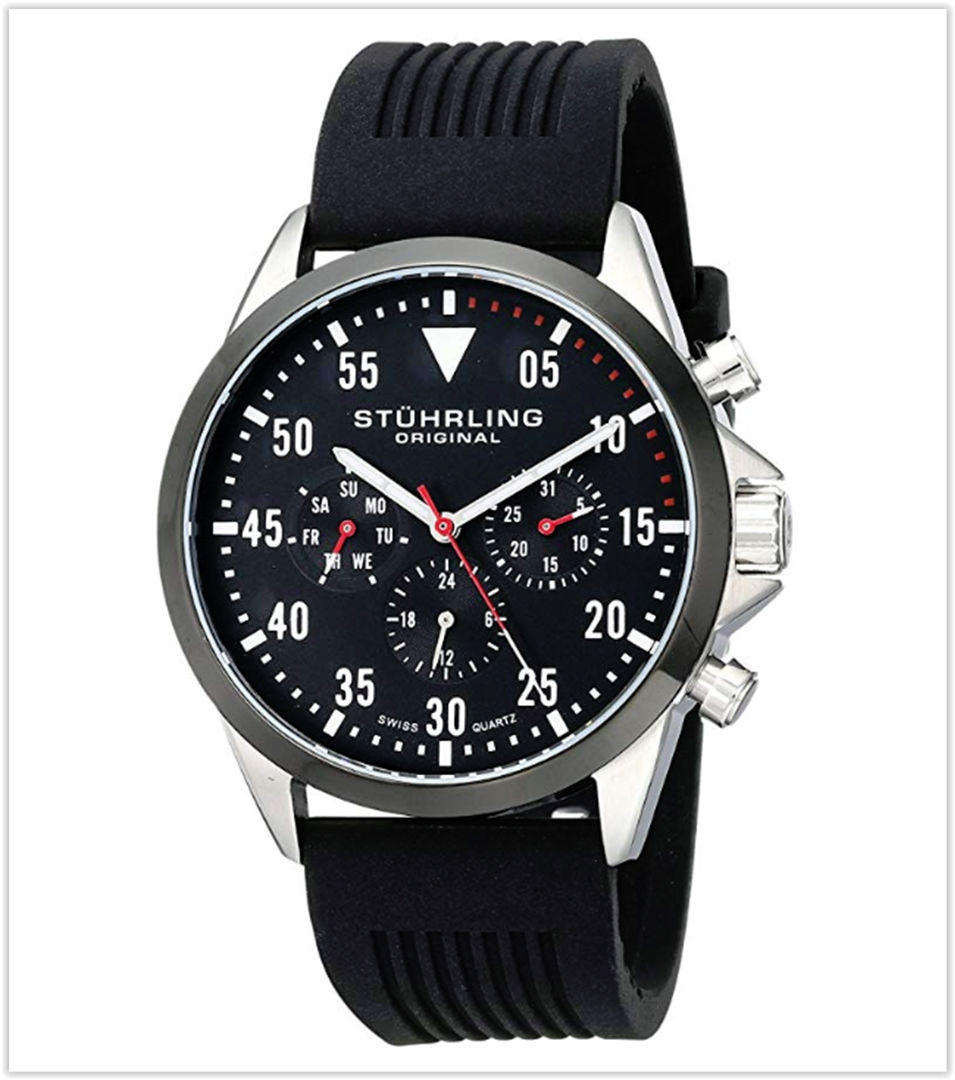 Stuhrling Original Men's 600.03 Aviator Analog Display Swiss Quartz Black Watch