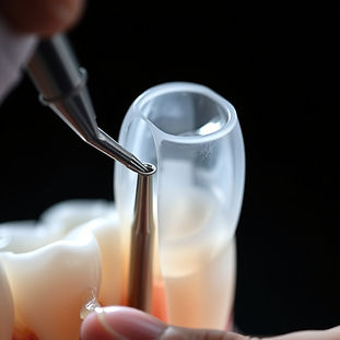 A dramatic, macro photograph of a 3D-printed endodontic guide made of clear, high-grade me