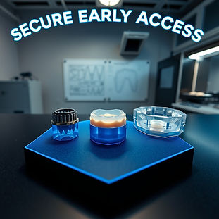 Eye-level shot in a dental R&D studio. On a matte black counter, a glowing blue hexagonal 