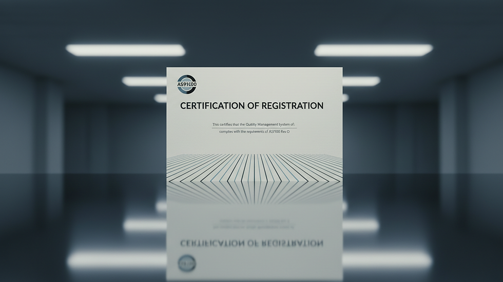 Close-up view of a certificate with AS9100 quality management system logo