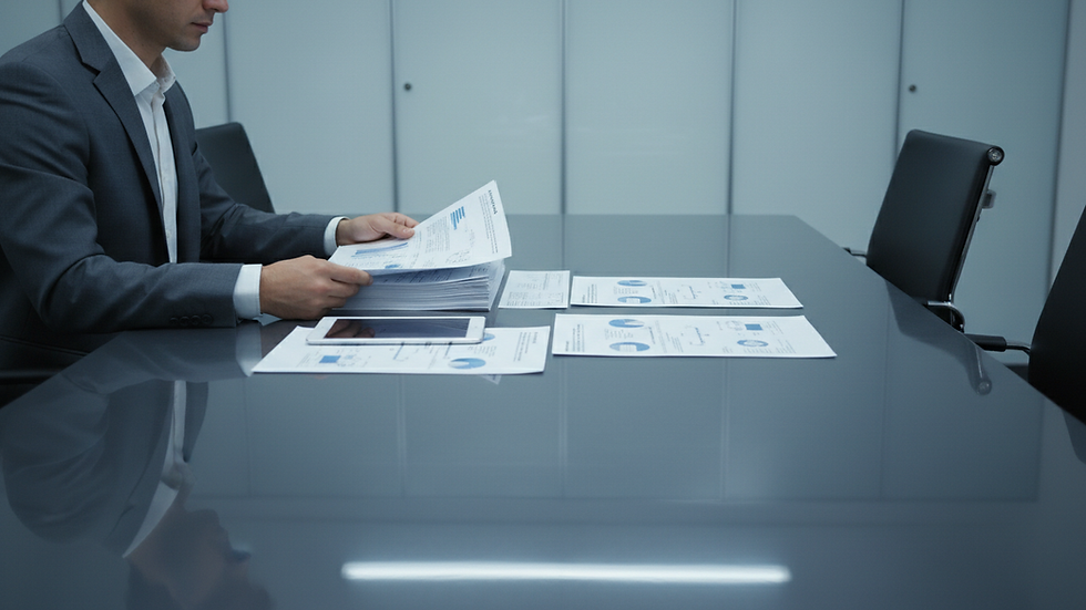 Eye-level view of a business professional reviewing quality management documents
