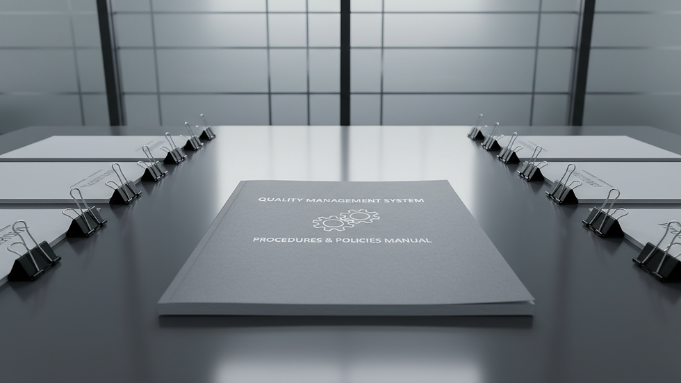 Eye-level view of a quality management system document on a desk
