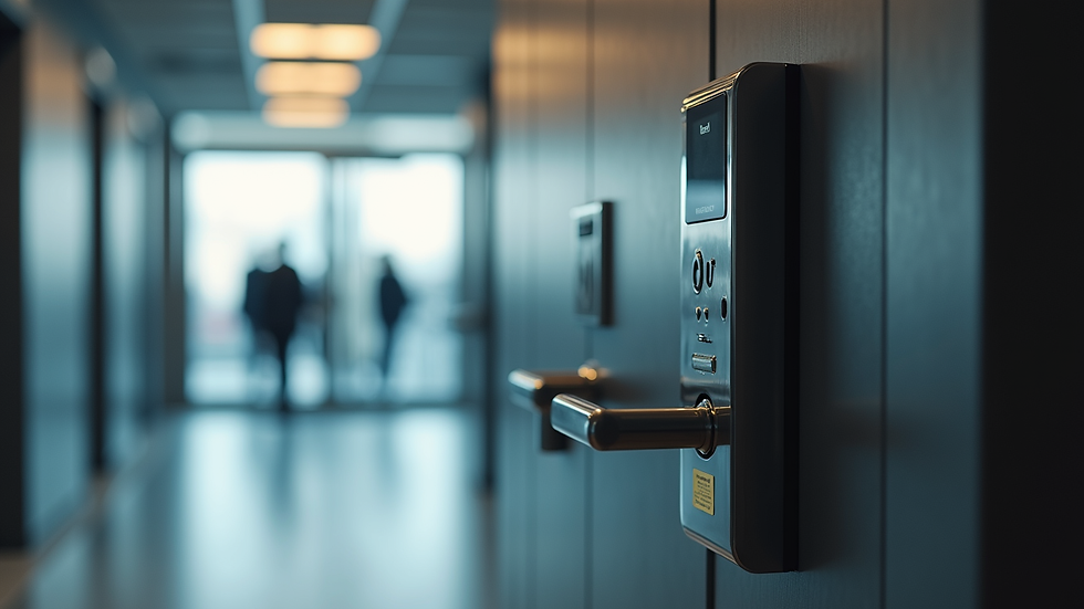 Close-up view of a security badge and access control system at a facility entrance