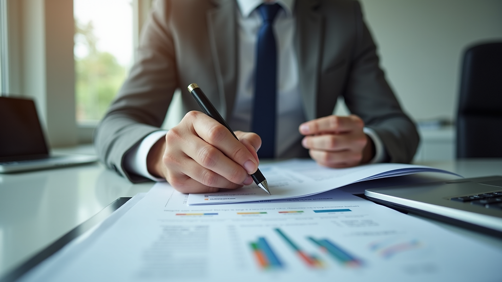 Eye-level view of a certification auditor reviewing documents in an office