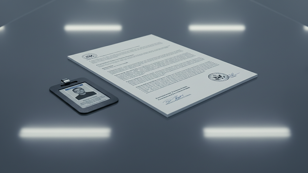 Close-up view of a security badge and official documents on a table