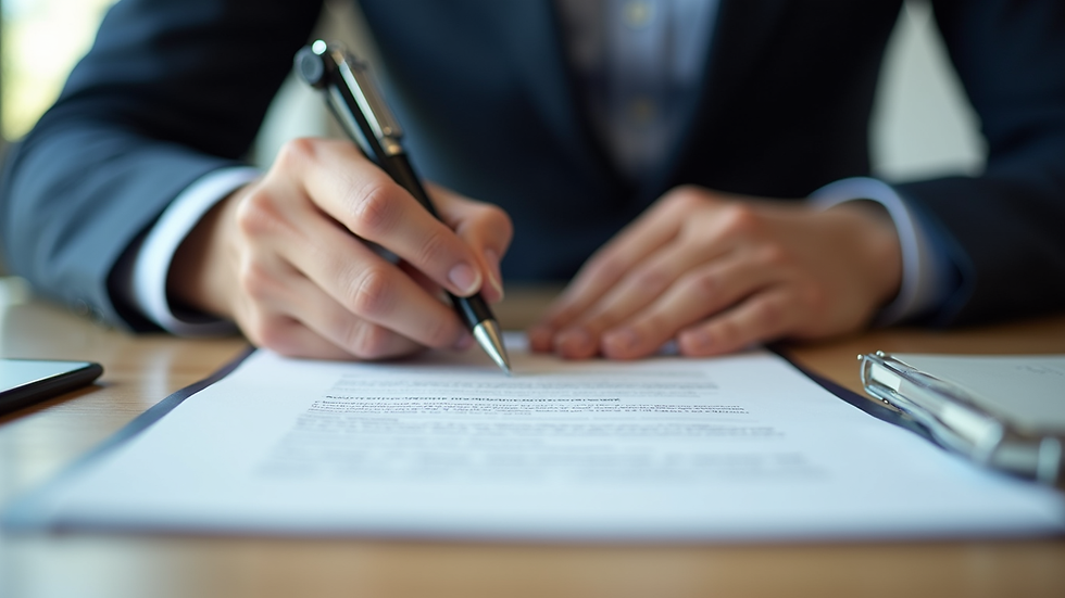 Close-up view of a contract being signed on a desk
