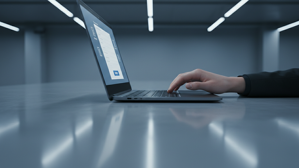 Close-up view of a hand submitting documents online via a laptop