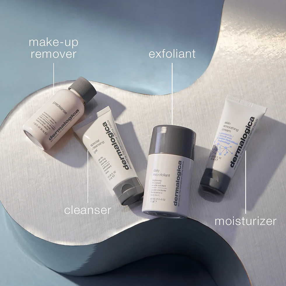 Thumbnail: Overhead view of the four travel-size products in the Discover Healthy Skin Kit, labeled by function