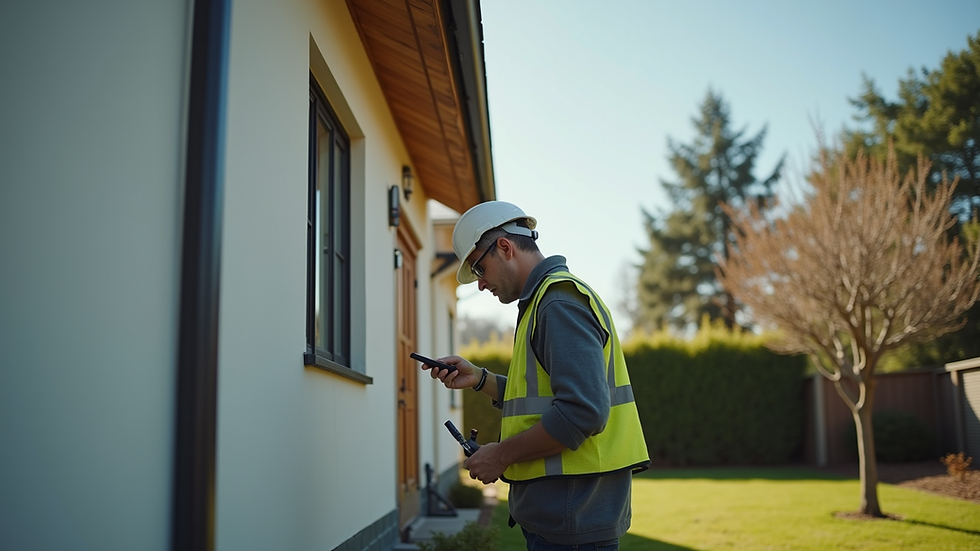 Eye-level view of a home inspector examining a house exterior