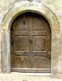 Alte Holztür im Steinbogen, Detailansicht, in einem historischen Gebäude.