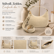 Women's Love Moschino handbag / shoulder bag. Made from ivory hammered faux leather. Golden lettering on the underside. With zip. Faux leather handle with buckle. Adjustable faux leather shoulder strap, removable. Gold plated electroplating Dimensions: Length: 29.0 cm. Height: 22.0 cm, depth: 9.0 cm, handle: 30.0 cm. Removable adjustable shoulder strap. Genuine product