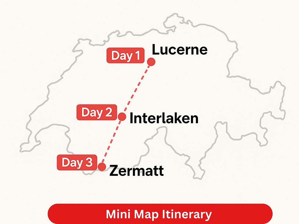 Mini map Itinerary: Lucerne to Interlaken to Zermatt
#switzerland #sbb #swissrailpass #topstuffreview #zurich #lucerne #family #kids