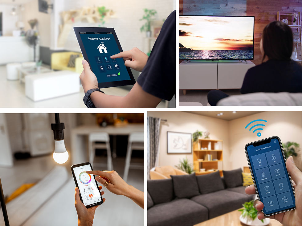 a modern living room with a smart thermostat, smart speakers, and smart lighting.