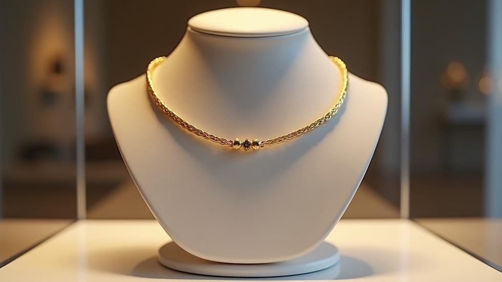 Eye-level view of a sleek permanent necklace on a display stand