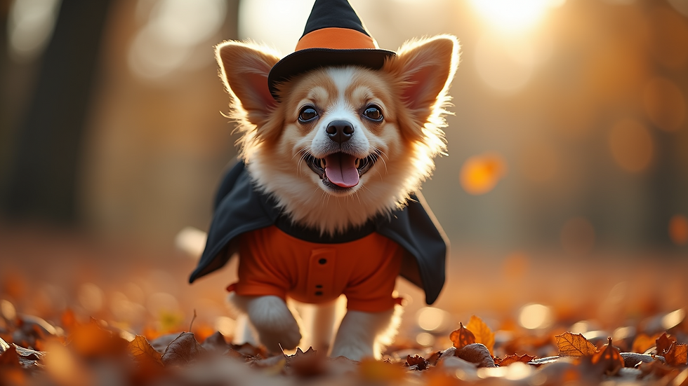 Eye-level view of a playful dog wearing a Halloween costume