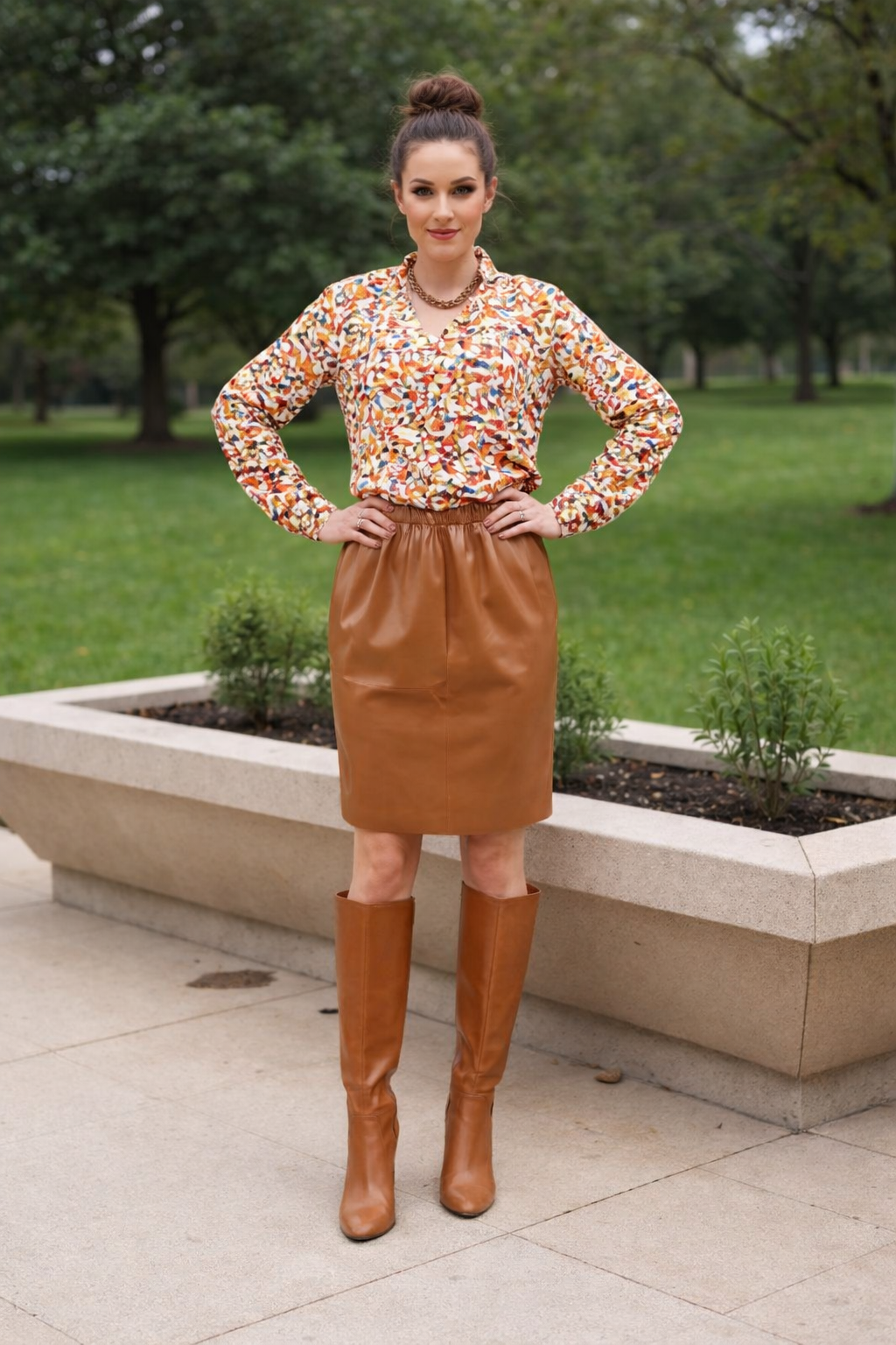 Brown Stretch Faux Leather Skirt