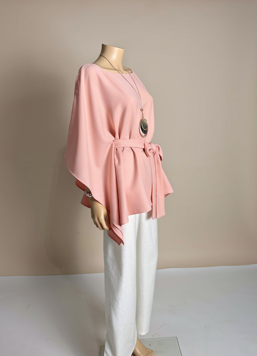 Thumbnail: Peach Belted Kaftan Top with Boat Neckline