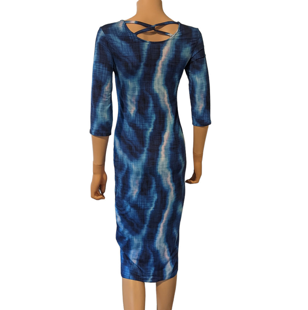 Thumbnail: Blue Fitted Midi Dress - Blue Abstract Pattern