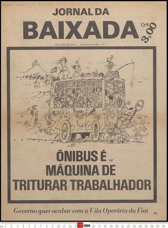 Charge abordando a situação dos trabalhadores da Baixada Fluminense no fim dos anos 1970. Fonte: Repositório / Jornal da Baixada.