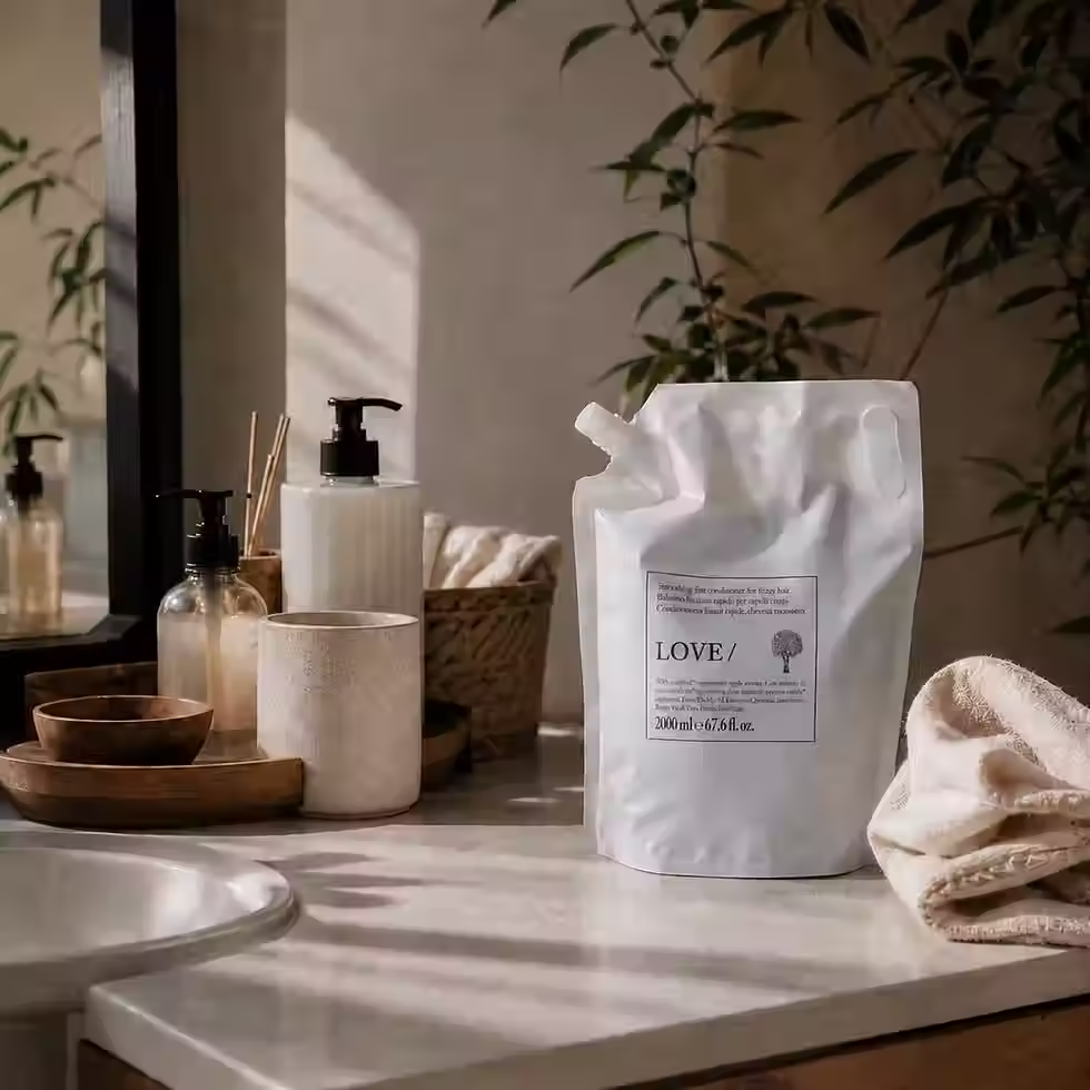 Davines LOVE SMOOTHING Conditioner Refill 2000ml pouch displayed in a bathroom setting