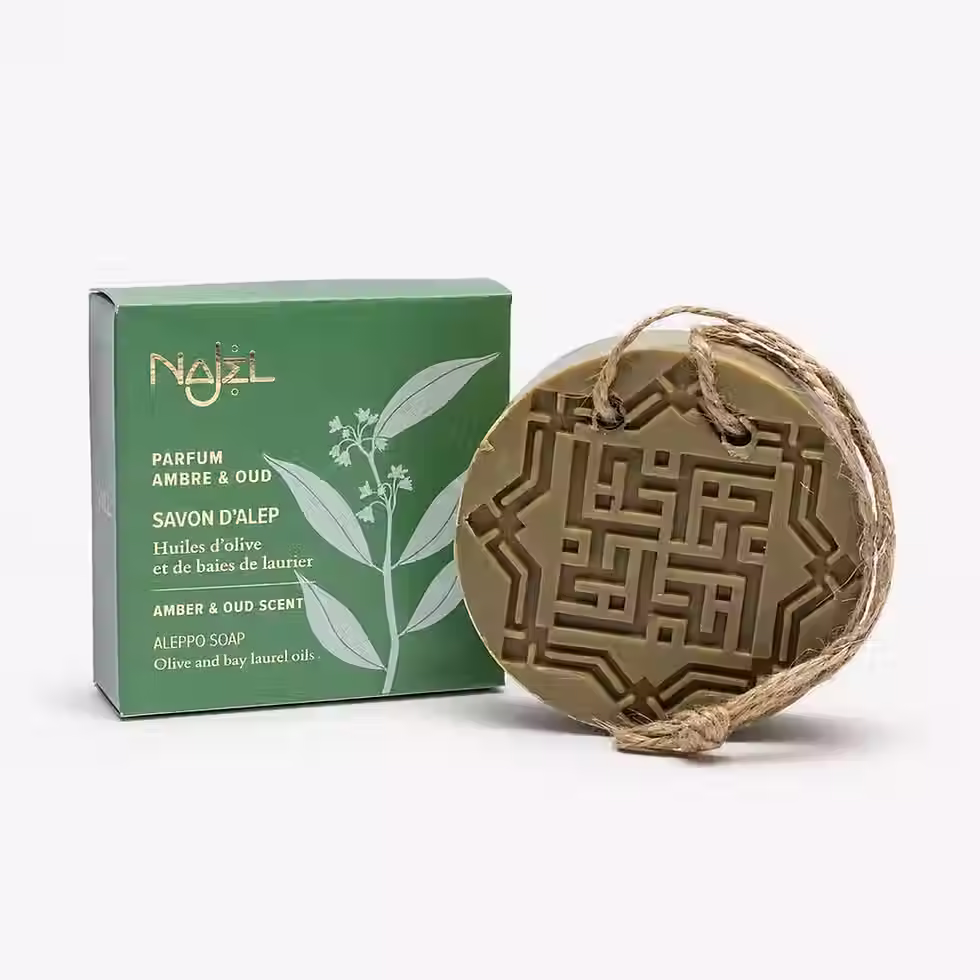 NAJEL Amber and Oud Aleppo Soap 150g with green packaging