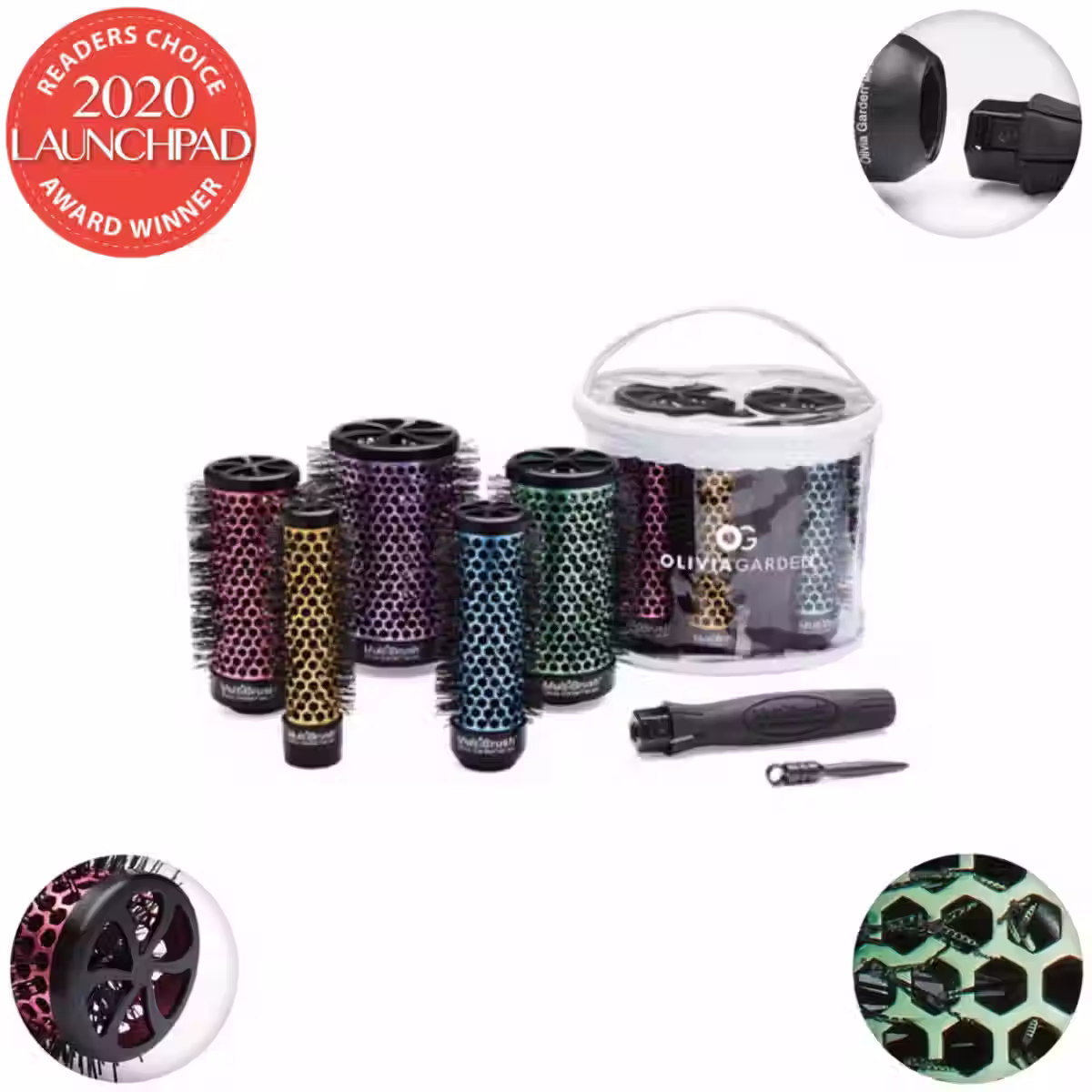 Olivia Garden MultiBrush 六件組造型梳套裝 MB-BD01 展示五款陶瓷捲筒尺寸 26mm 至 66mm 及可拆式手柄 適合專業造型與日常使用