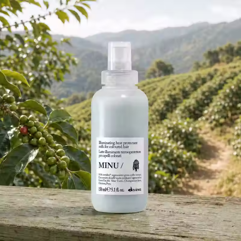 Davines MINU Milk 150ml with green coffee cherries at a Peruvian mountain farm