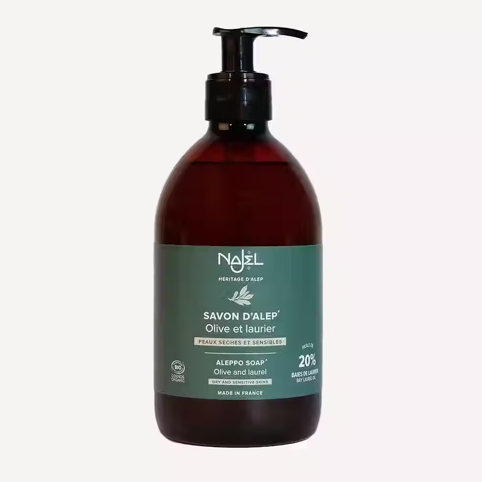 NAJEL Liquid Aleppo Soap 20% Laurel Oil 500ml bottle, a certified organic cleanser for dry and sensitive skin
