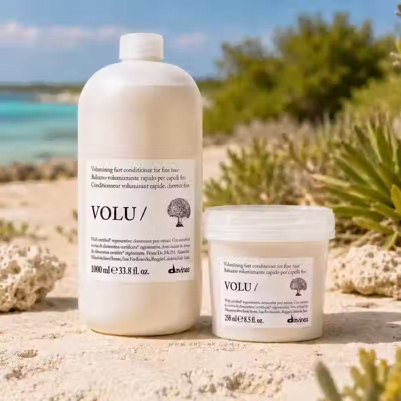 Thumbnail: Davines VOLU Conditioner 250ml and 1000ml in coastal summer setting