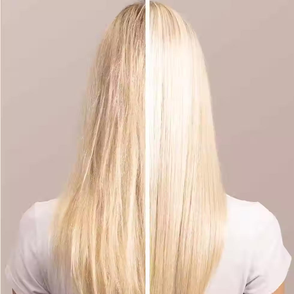 Blonde hair comparison showing frizzy, uneven texture on the left and smoother, shinier hair on the right.