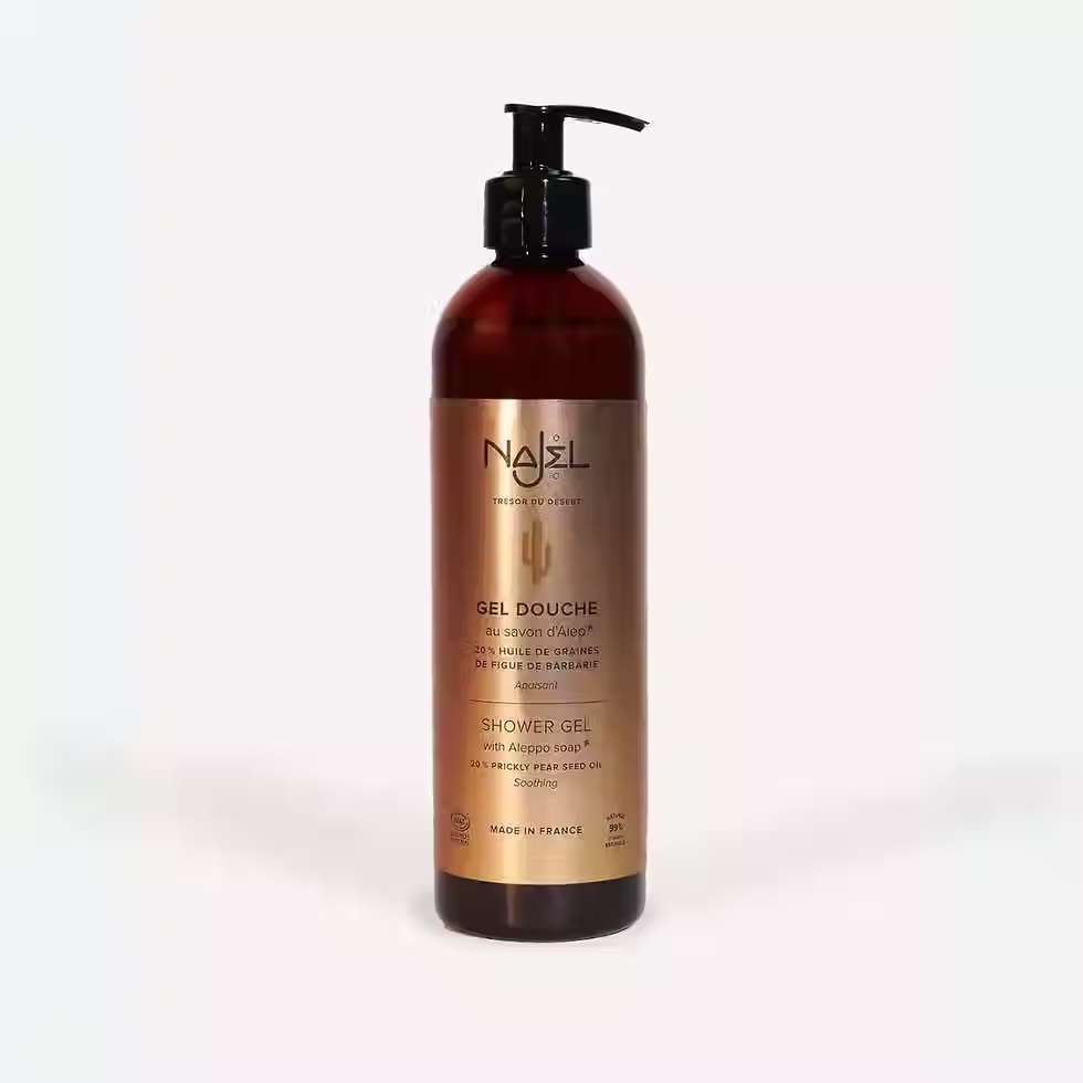 Najel 仙人掌籽油阿勒坡液態皂沐浴露 500ml 正面產品圖，溫和潔膚，適合乾性與敏感膚質，天然有機認證