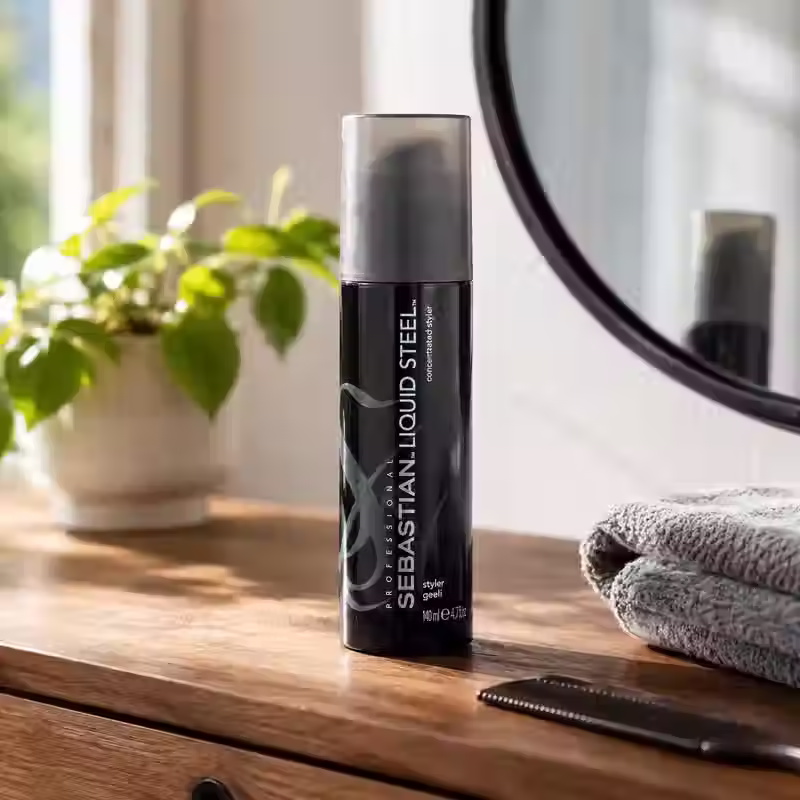 Sebastian Professional Liquid Steel 140ml on a wooden home vanity beside a mirror and comb