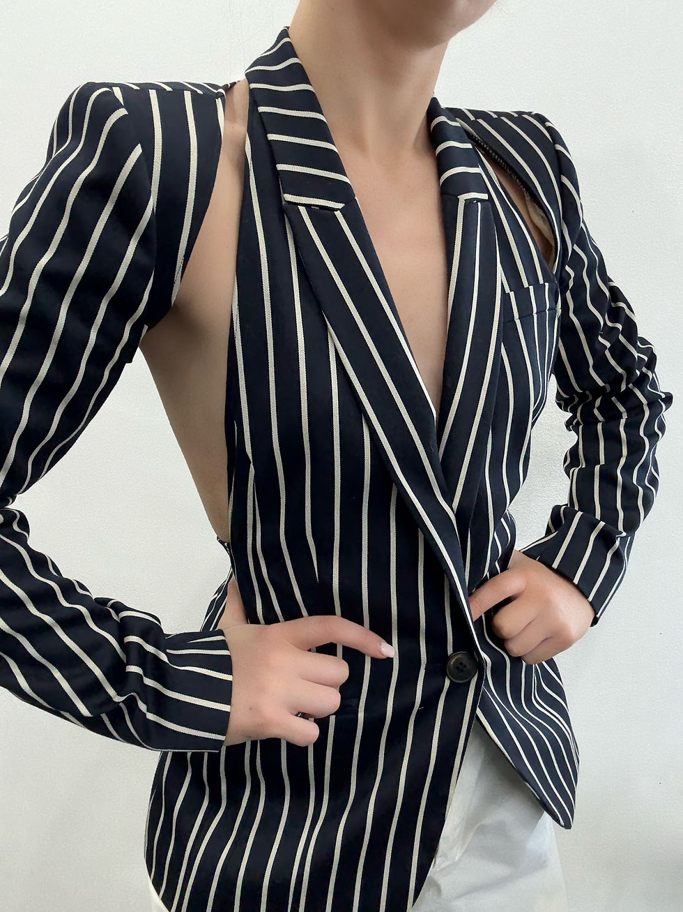 Upcycled Pinstripe Open-Back Blazer Set