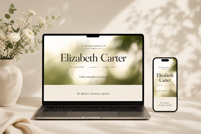 Digital memorial page displayed in a calm home setting