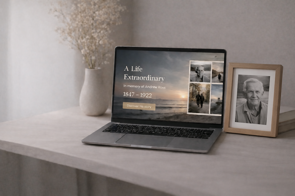 Digital memorial page displayed in a calm home setting
