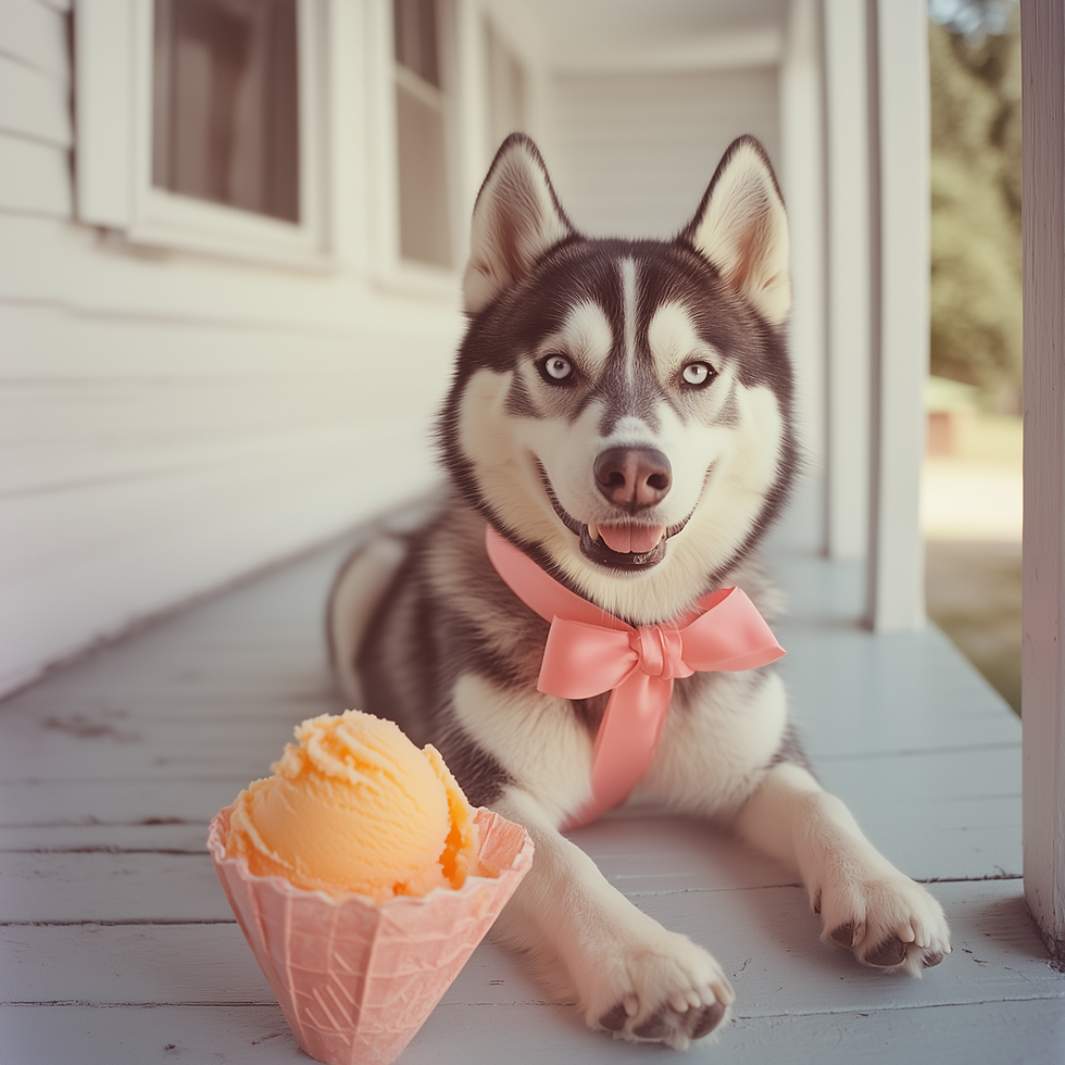 Husky with pink bow on porch smiles at orange ice cream in a waffle cone. Light wooden background, cheerful mood.