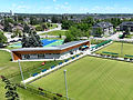 Aerial view of Calgary Lawn Bowling Club greens and clubhouse