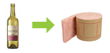 Green arrow pointing from a glass wine bottle to a roll of fibreglass insulation