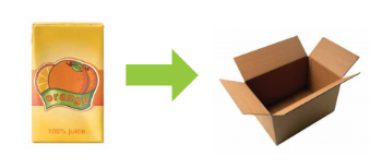 Green arrow pointing from a juice box to a cardboard box