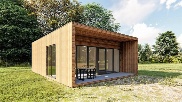 Modernes Gartenhaus aus Holz mit Glasfront auf einer Wiese.