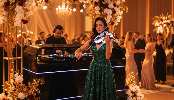 Close-up of a violinist playing beside a DJ console at a private evening event