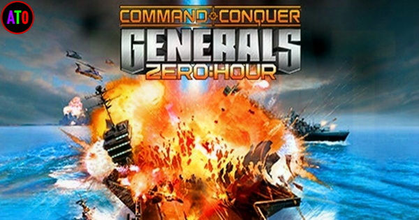 انفجار بحري كبير وزوارق حربية مع نص "Command & Conquer Generals Zero Hour" بالأعلى. ألوان نارية وزرقاء، يشعر بالإثارة والحركة.