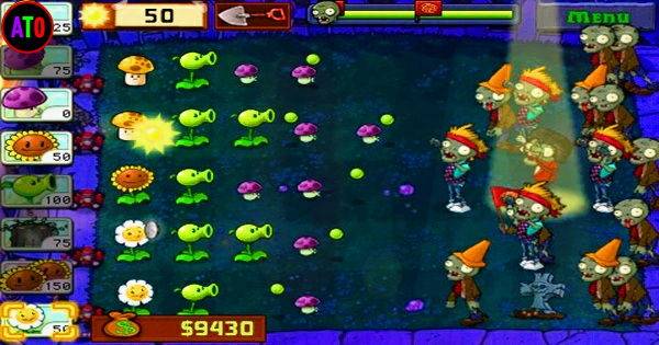 لعبة تحتوي على نباتات تقذف البذور نحو الزومبي بقبعات برتقالية. خلفية داكنة مع نباتات مشرقة، وقائمة أسعار واضحة على الجانب.