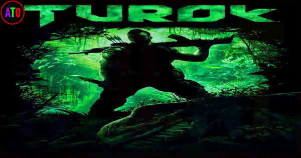 صياد يحمل بندقية في غابة خضراء كثيفة، العنوان "Turok" يظهر بالأعلى. الأجواء غامضة ومشوقة، تتخللها ألوان خضراء وسوداء.