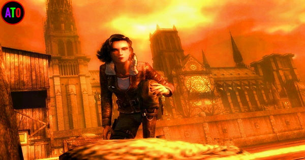 امرأة ترتدي معطفًا بنيًا في وضع استعداد أمام كاتدرائية تحت سماء برتقالية مشتعلة، شعور بالتوتر والاستعداد.