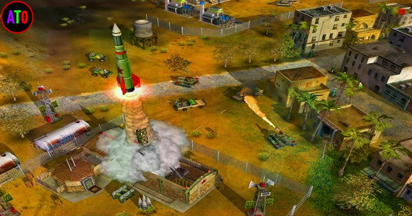 صورة لعبة استراتيجية تظهر صاروخًا ينطلق وسط مبانٍ ومركبات عسكرية. ألوان مشرقة ونيران مشتعلة في الخلفية. الجو مليء بالتوتر.