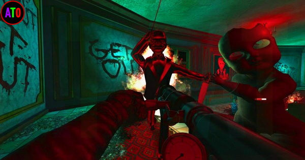 شخصيات ذات ملامح مخيفة في ممر مضاء باللون الأحمر والأخضر. الخلفية تحتوي على جدران عليها كتابات ورسوما مقلقة. الجو مرعب ومثير للتوتر.